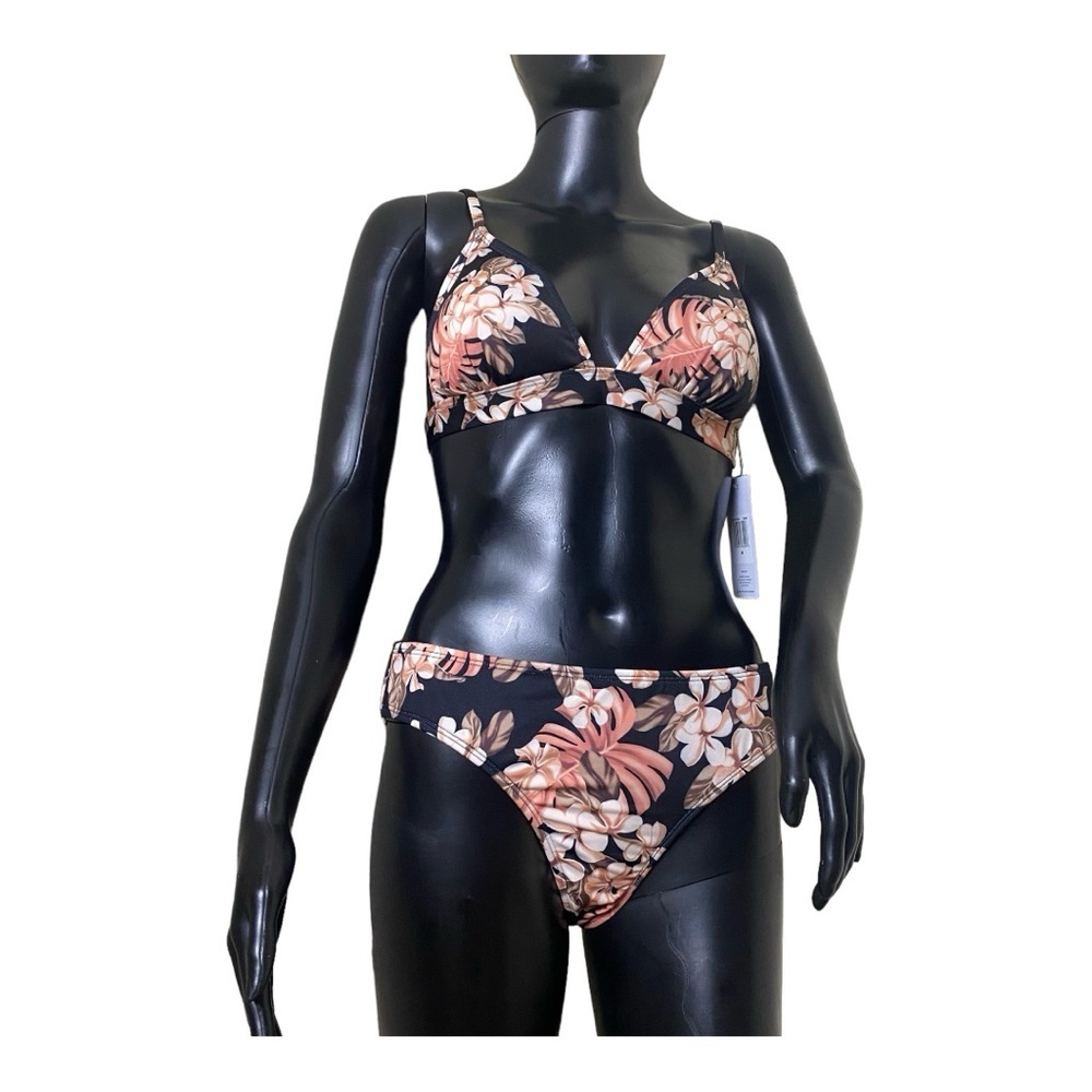 Hurley's Orange Black Tropical Print Bikini Swimwear Black Cream Orange Sz M
